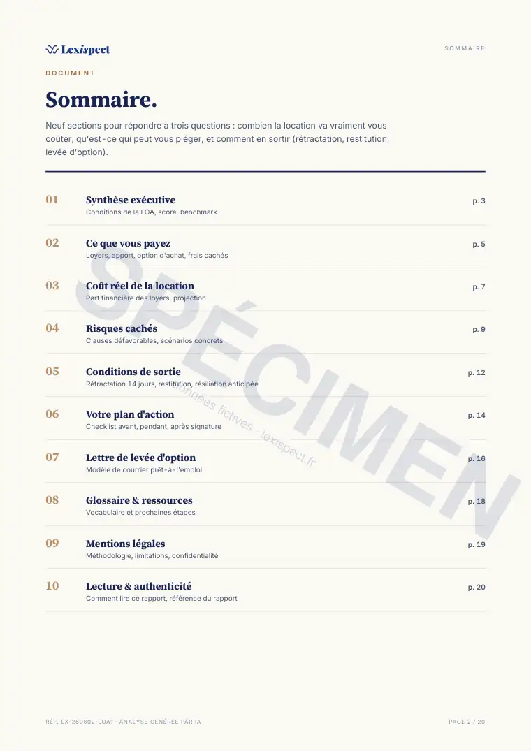 Page 2 du rapport Location avec option d'achat (LOA), spécimen