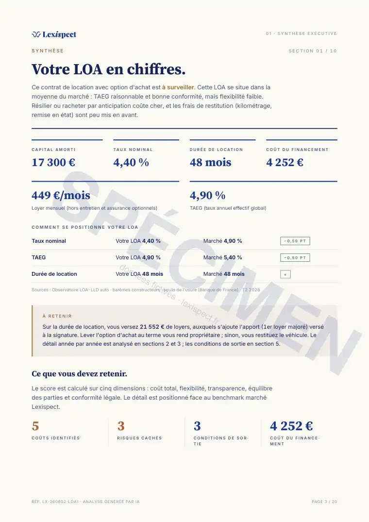 Page 3 du rapport Location avec option d'achat (LOA), spécimen
