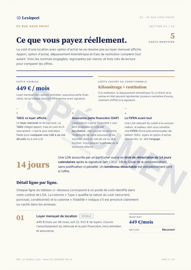 Page 5 du rapport Location avec option d'achat (LOA), spécimen