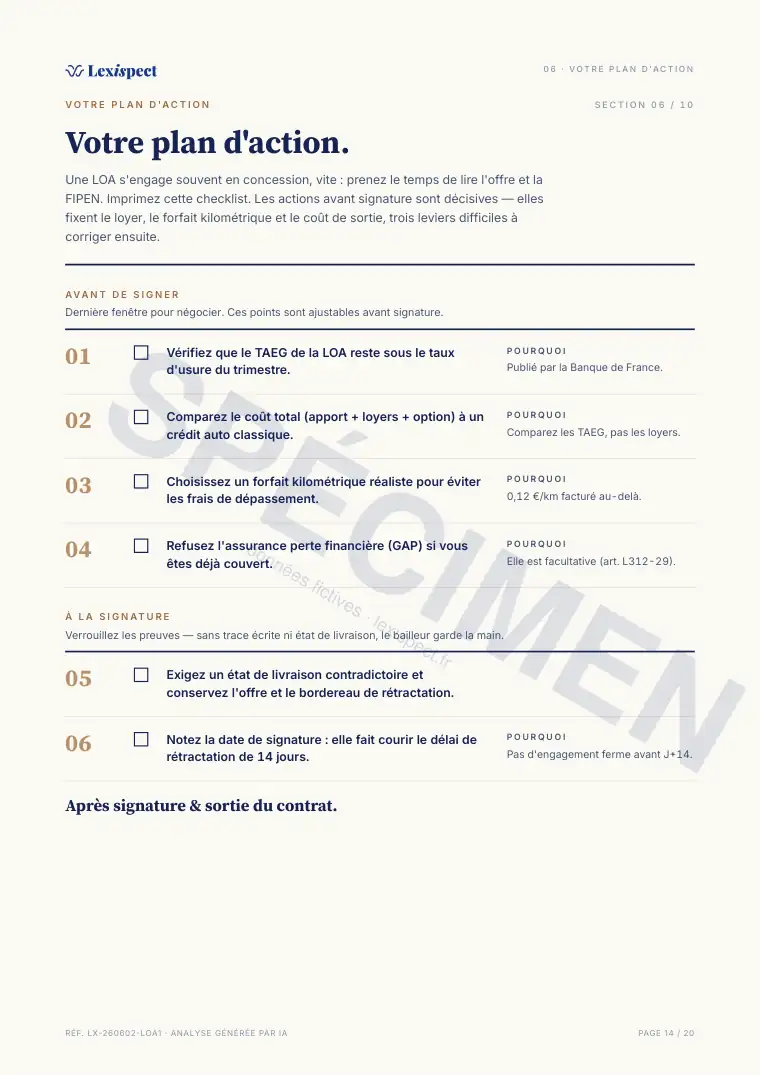 Page 14 du rapport Location avec option d'achat (LOA), spécimen