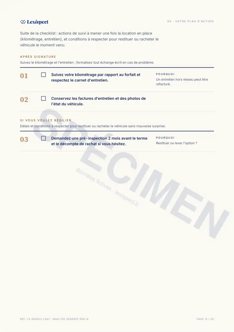 Page 15 du rapport Location avec option d'achat (LOA), spécimen