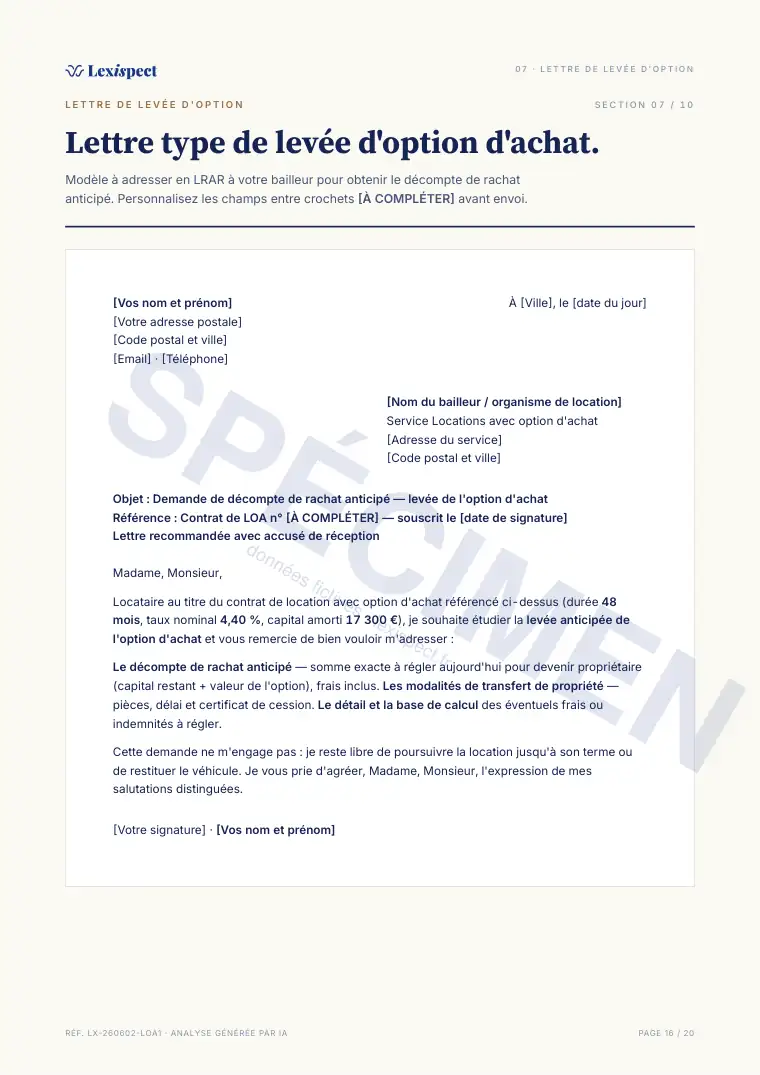 Page 16 du rapport Location avec option d'achat (LOA), spécimen