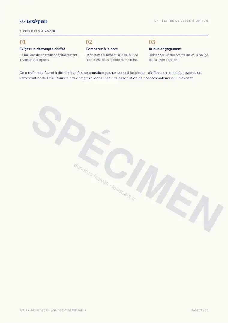 Page 17 du rapport Location avec option d'achat (LOA), spécimen