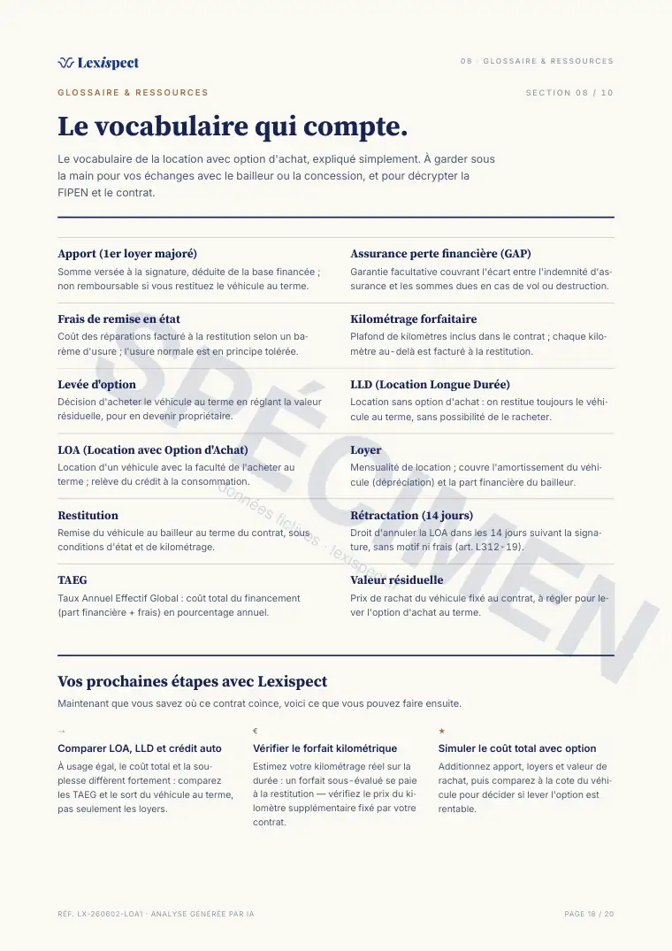Page 18 du rapport Location avec option d'achat (LOA), spécimen
