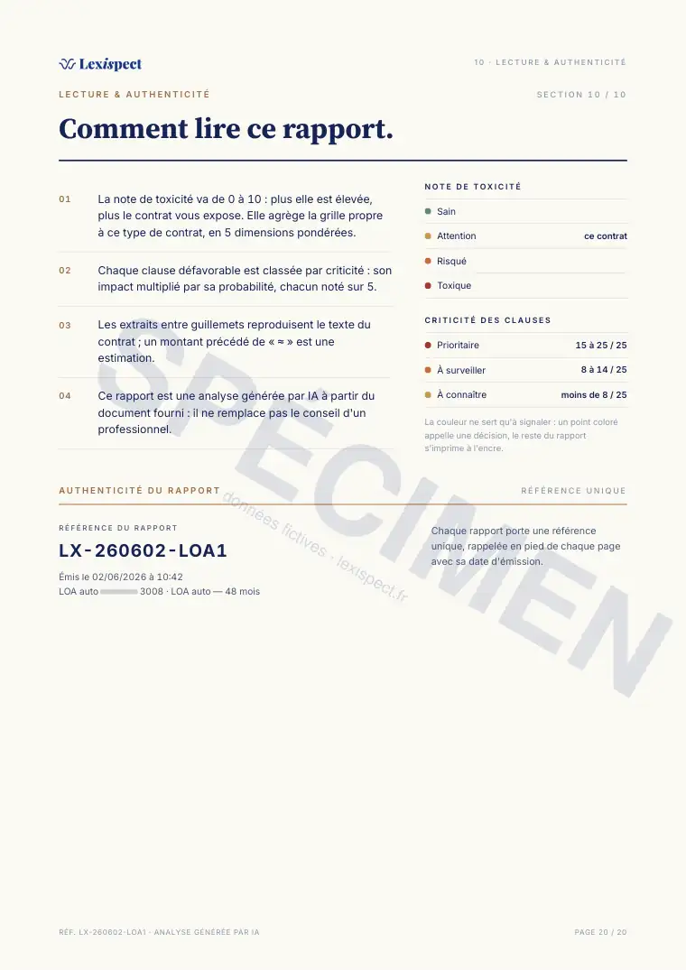 Page 20 du rapport Location avec option d'achat (LOA), spécimen