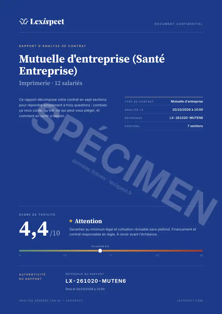 Page 1 du rapport Mutuelle d'entreprise, spécimen