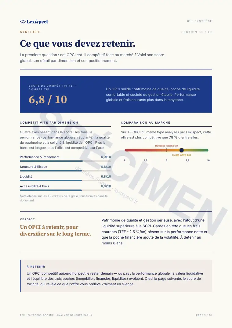 Page 3 du rapport OPCI (immobilier collectif, SPPICAV en direct), spécimen