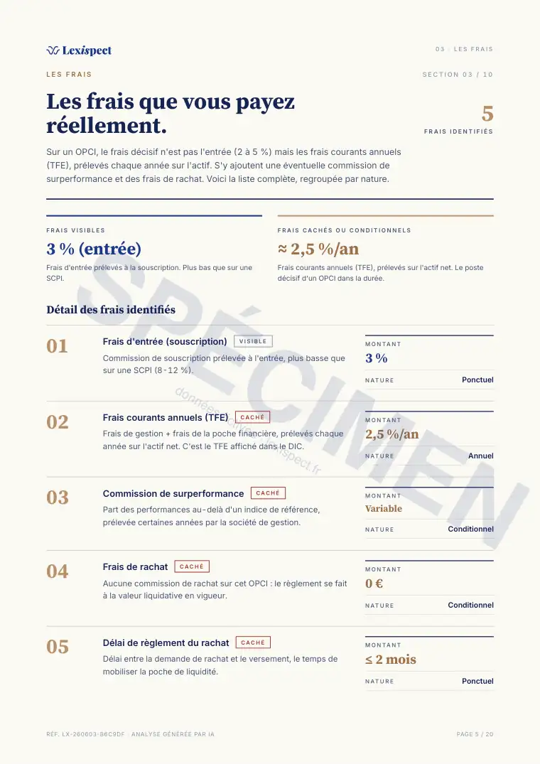 Page 5 du rapport OPCI (immobilier collectif, SPPICAV en direct), spécimen