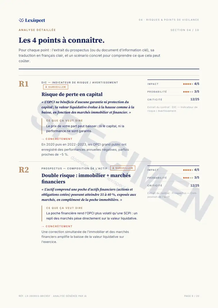 Page 8 du rapport OPCI (immobilier collectif, SPPICAV en direct), spécimen