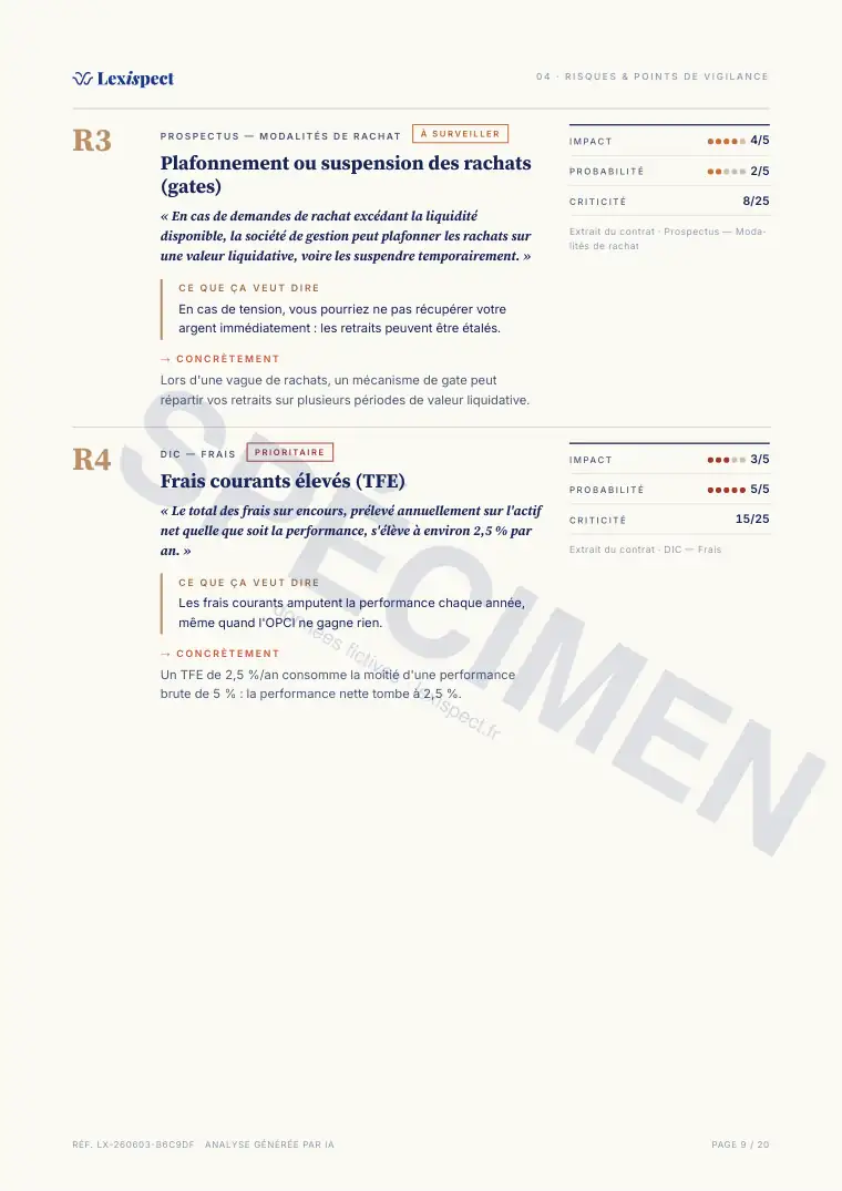 Page 9 du rapport OPCI (immobilier collectif, SPPICAV en direct), spécimen