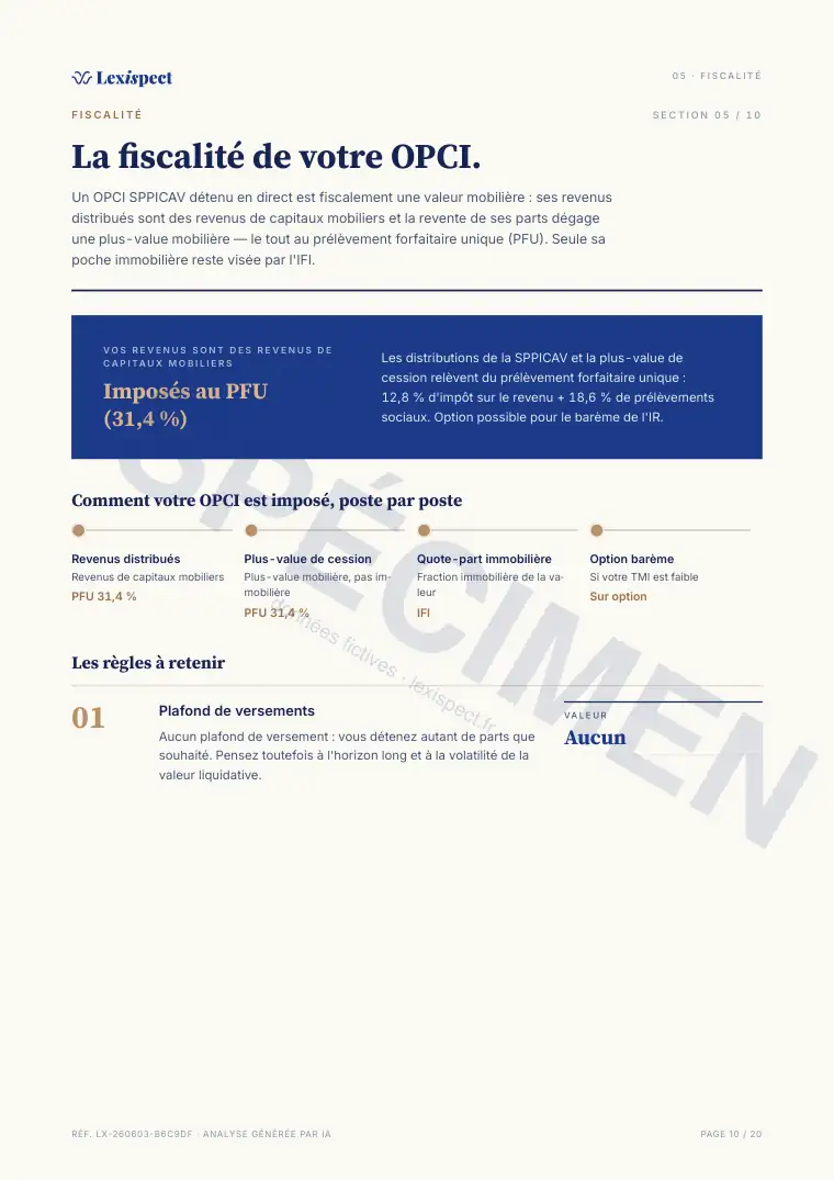 Page 10 du rapport OPCI (immobilier collectif, SPPICAV en direct), spécimen