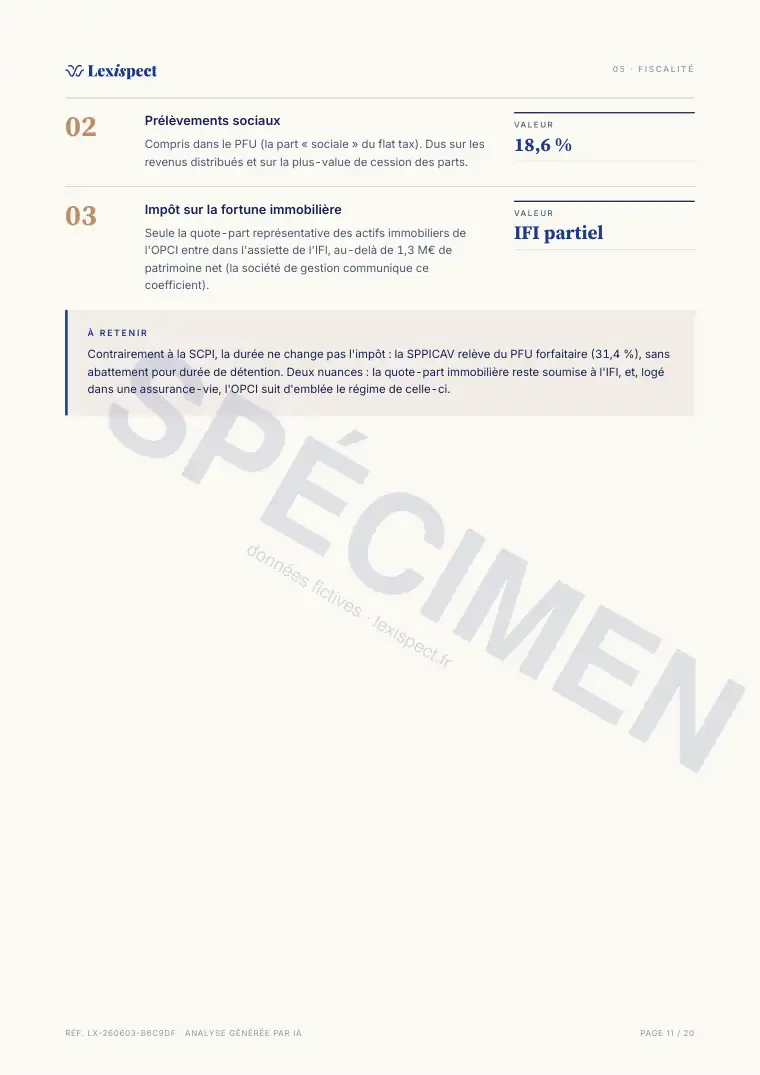 Page 11 du rapport OPCI (immobilier collectif, SPPICAV en direct), spécimen