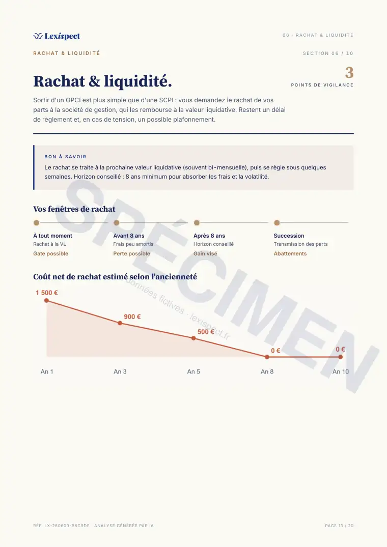 Page 13 du rapport OPCI (immobilier collectif, SPPICAV en direct), spécimen