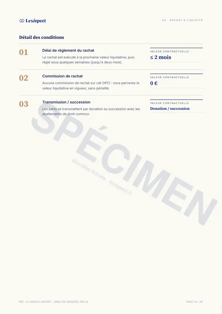 Page 14 du rapport OPCI (immobilier collectif, SPPICAV en direct), spécimen