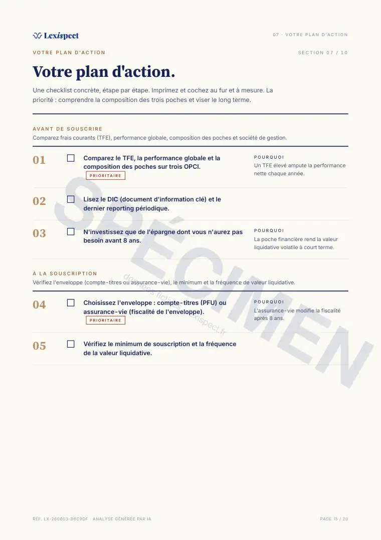 Page 15 du rapport OPCI (immobilier collectif, SPPICAV en direct), spécimen