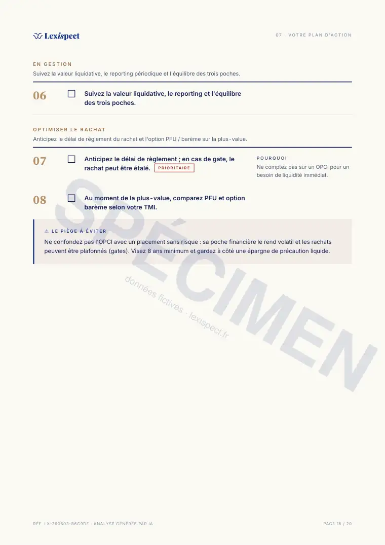 Page 16 du rapport OPCI (immobilier collectif, SPPICAV en direct), spécimen