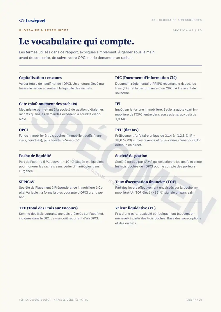 Page 17 du rapport OPCI (immobilier collectif, SPPICAV en direct), spécimen