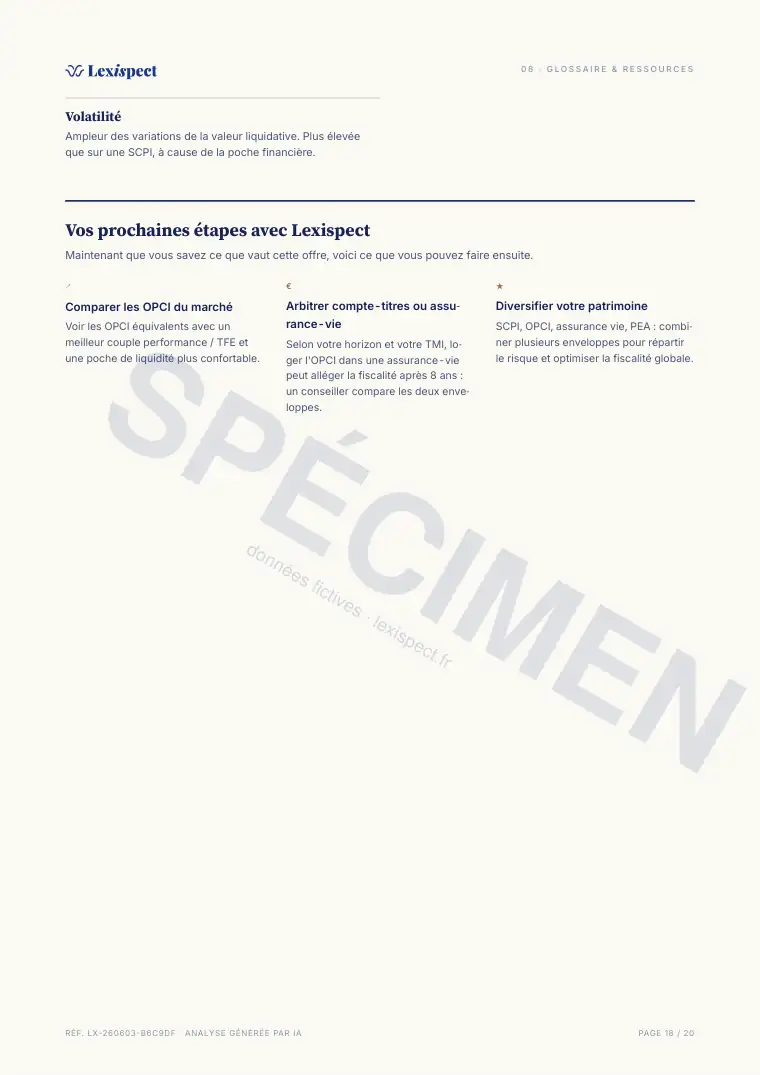 Page 18 du rapport OPCI (immobilier collectif, SPPICAV en direct), spécimen