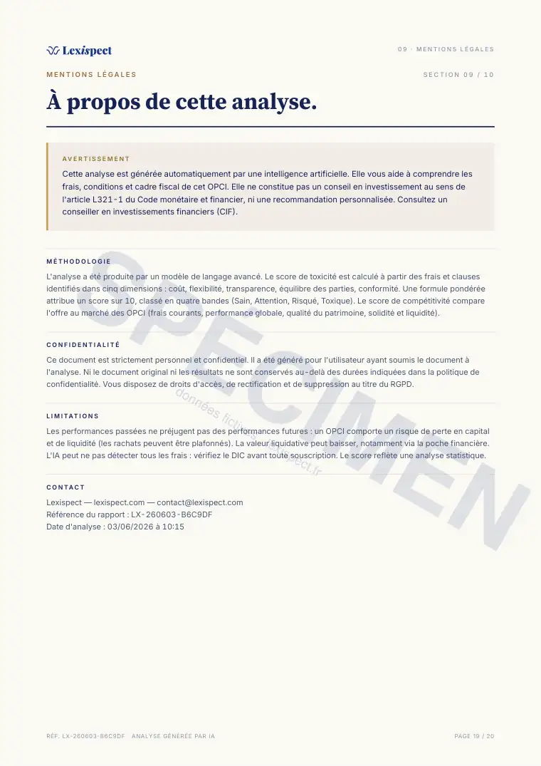 Page 19 du rapport OPCI (immobilier collectif, SPPICAV en direct), spécimen