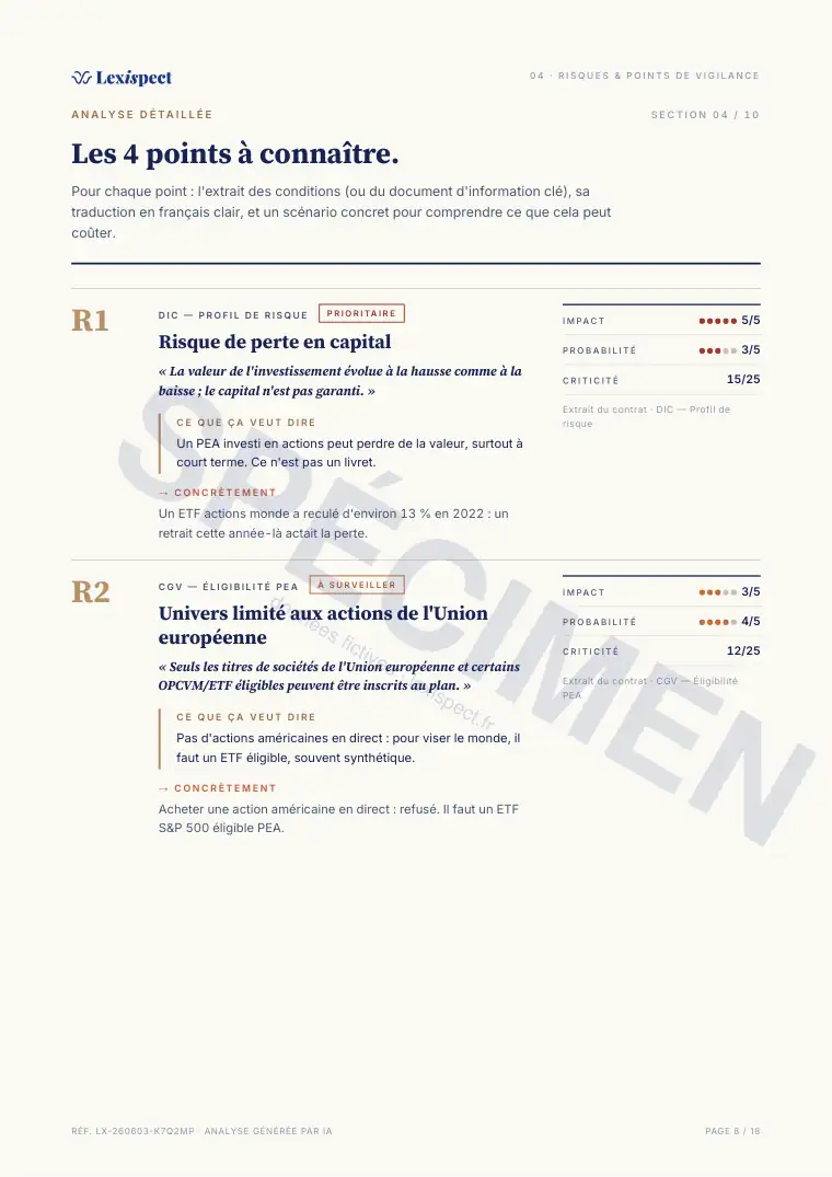 Page 8 du rapport Placements (PEA, SCPI, OPCVM), spécimen