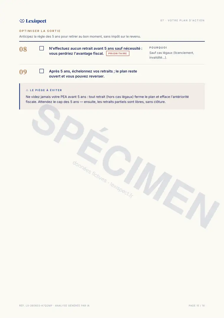 Page 15 du rapport Placements (PEA, SCPI, OPCVM), spécimen