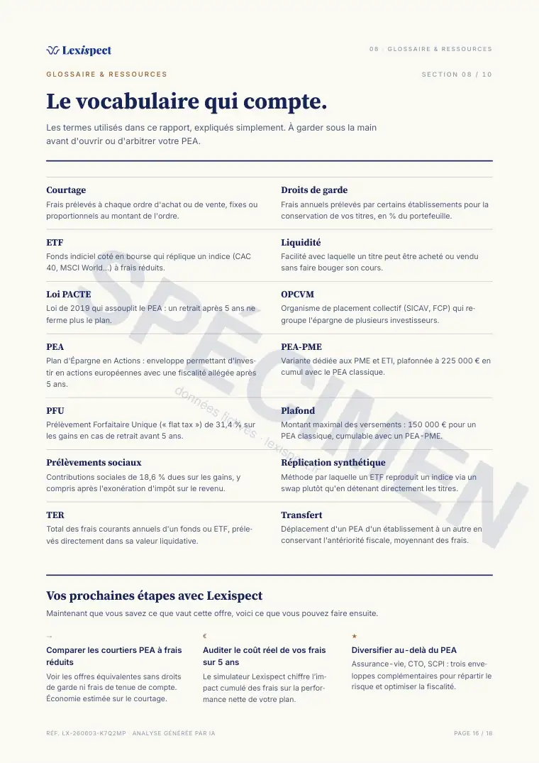 Page 16 du rapport Placements (PEA, SCPI, OPCVM), spécimen