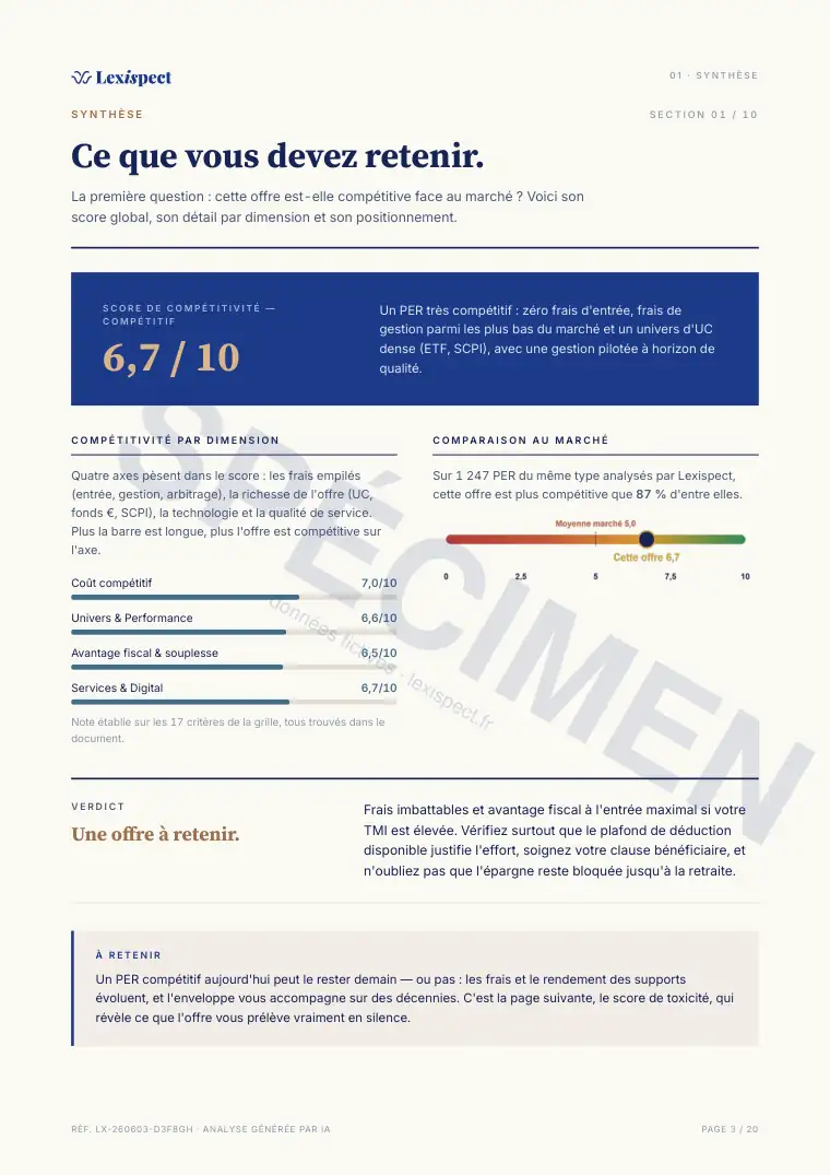 Page 3 du rapport Plan d'Épargne Retraite (PER), spécimen