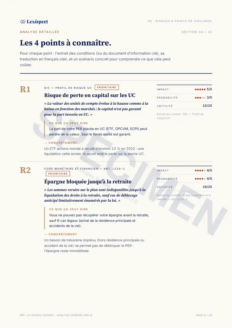 Page 8 du rapport Plan d'Épargne Retraite (PER), spécimen