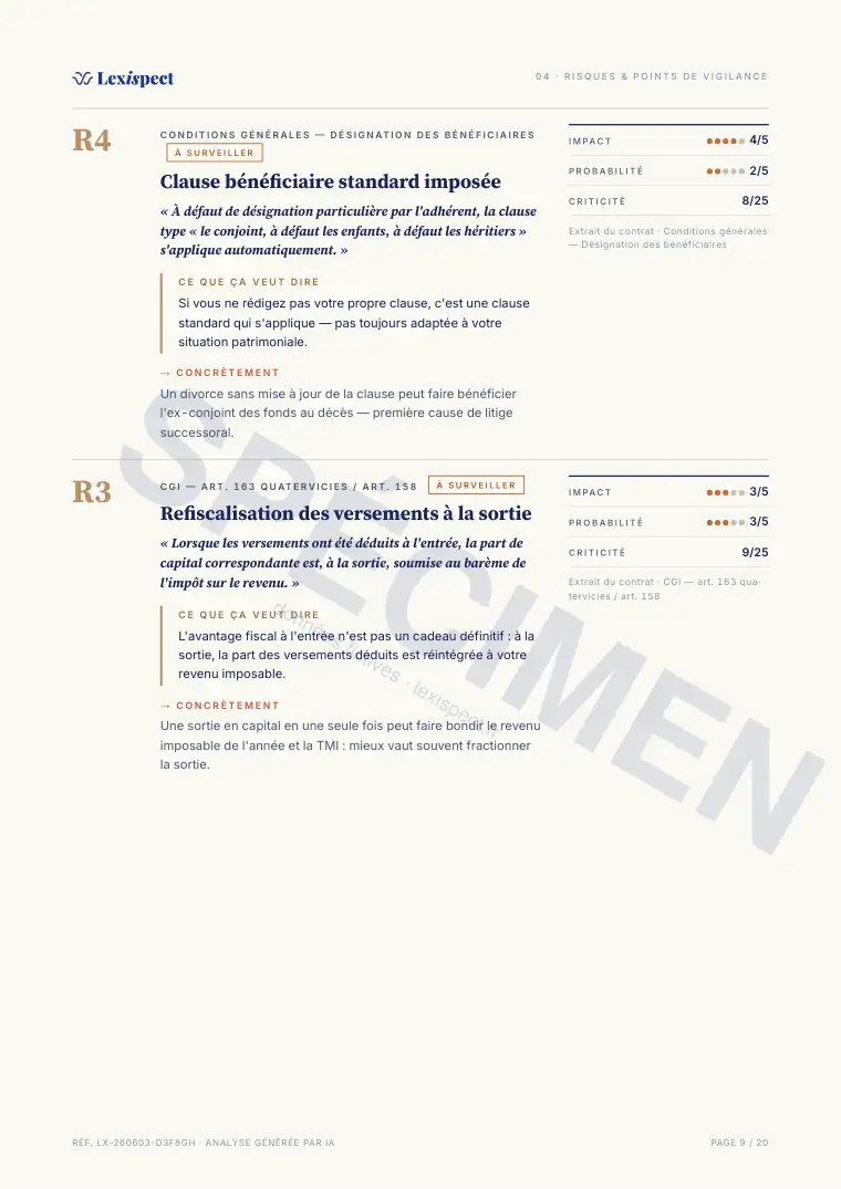 Page 9 du rapport Plan d'Épargne Retraite (PER), spécimen