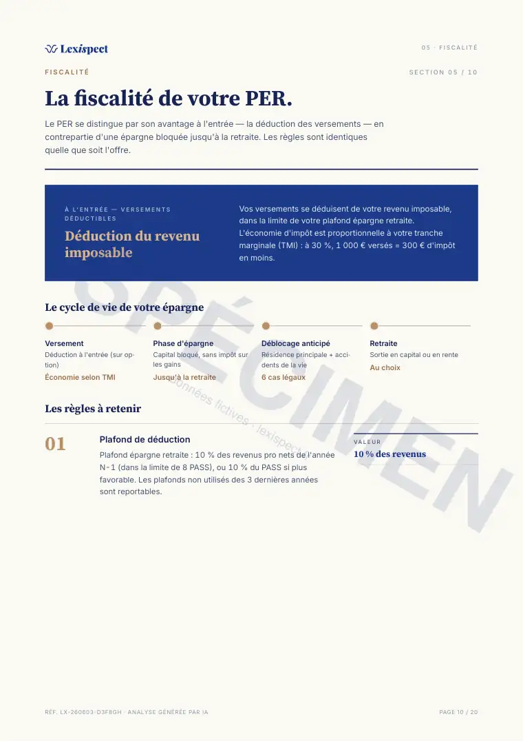 Page 10 du rapport Plan d'Épargne Retraite (PER), spécimen