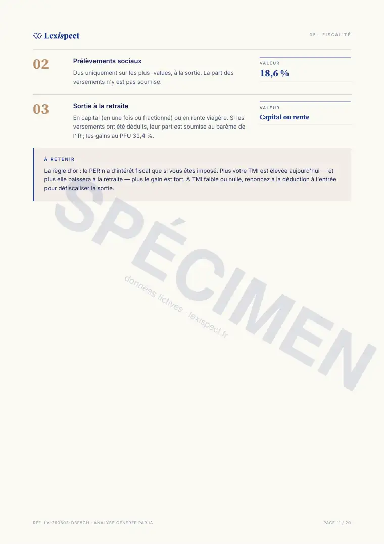 Page 11 du rapport Plan d'Épargne Retraite (PER), spécimen