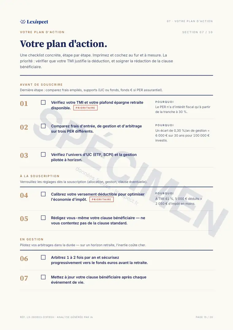 Page 15 du rapport Plan d'Épargne Retraite (PER), spécimen
