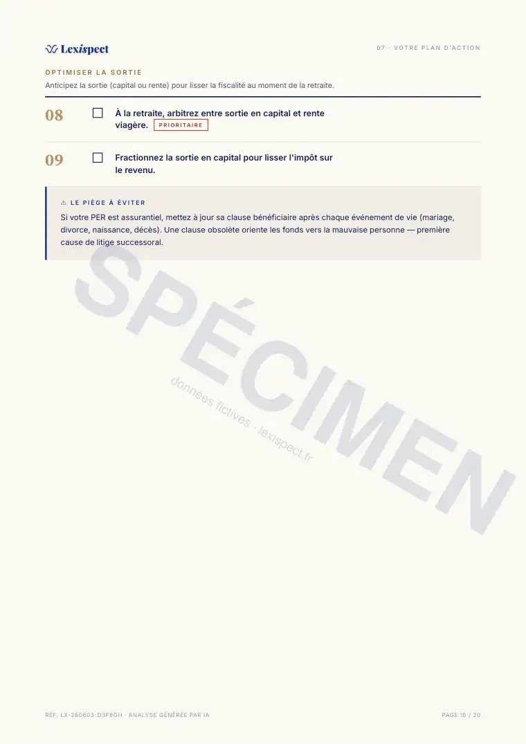 Page 16 du rapport Plan d'Épargne Retraite (PER), spécimen
