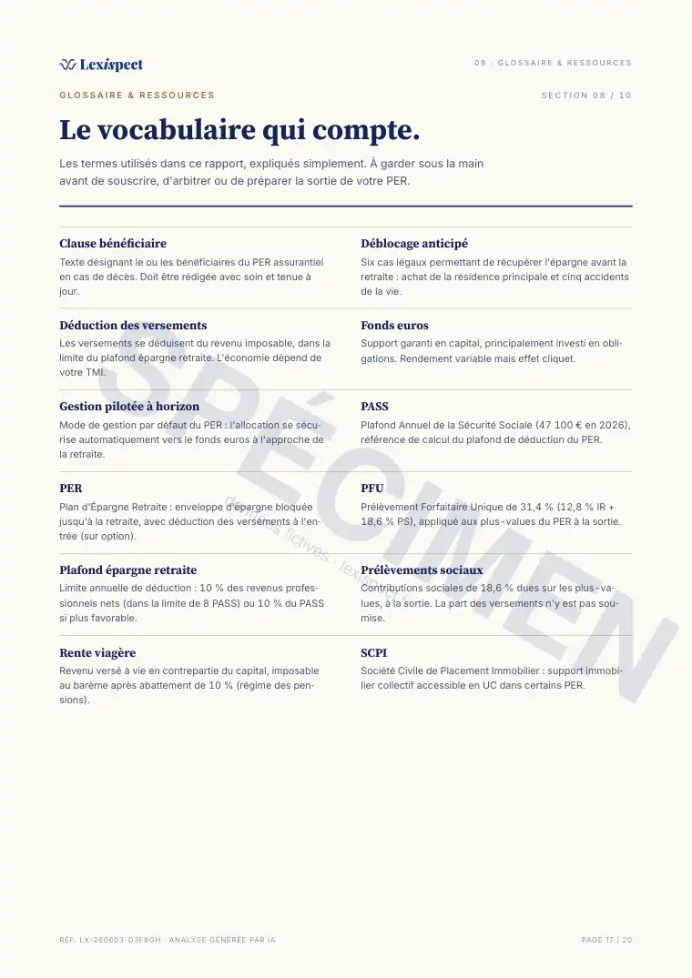 Page 17 du rapport Plan d'Épargne Retraite (PER), spécimen