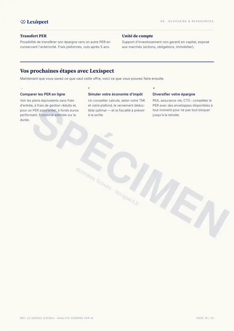 Page 18 du rapport Plan d'Épargne Retraite (PER), spécimen