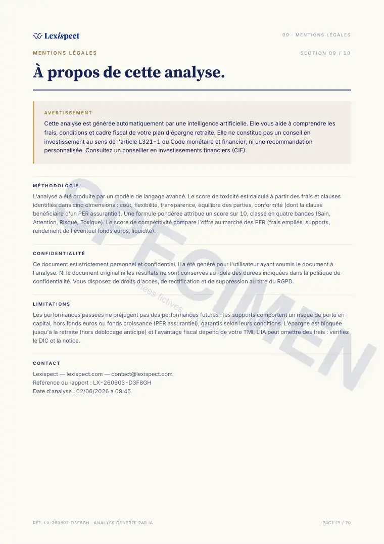 Page 19 du rapport Plan d'Épargne Retraite (PER), spécimen
