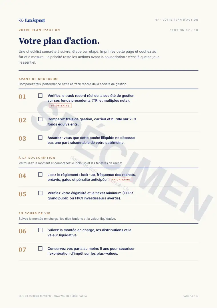 Page 14 du rapport Private Equity (FCPR/FPCI, non coté), spécimen