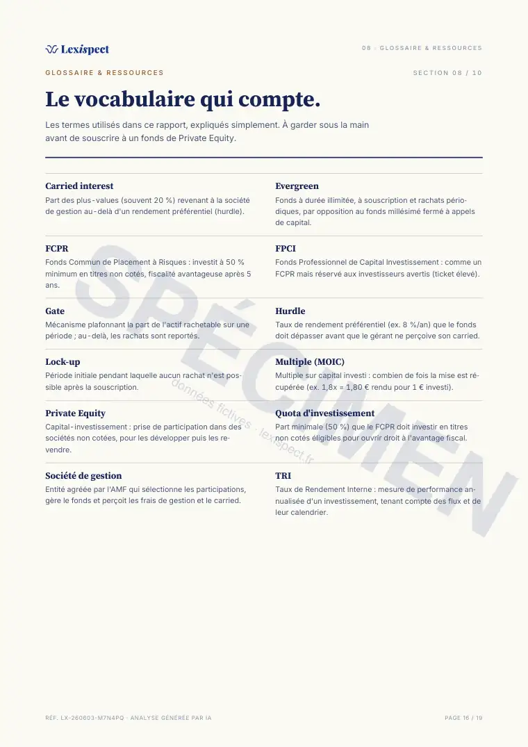 Page 16 du rapport Private Equity (FCPR/FPCI, non coté), spécimen