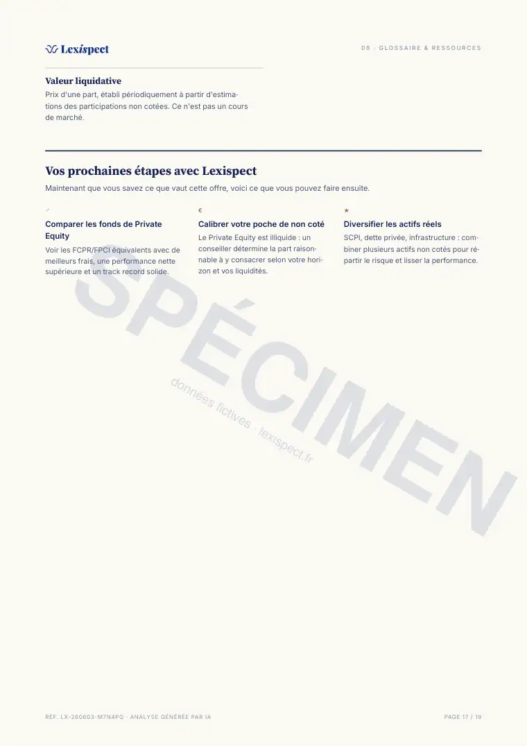 Page 17 du rapport Private Equity (FCPR/FPCI, non coté), spécimen