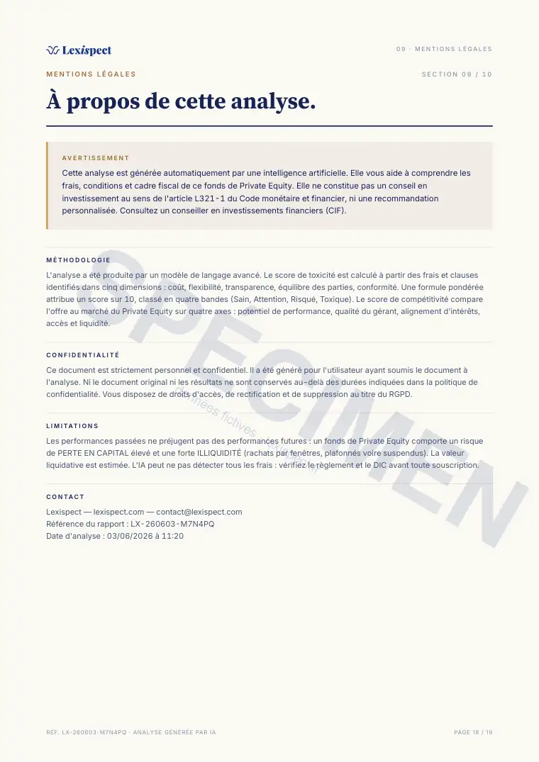 Page 18 du rapport Private Equity (FCPR/FPCI, non coté), spécimen
