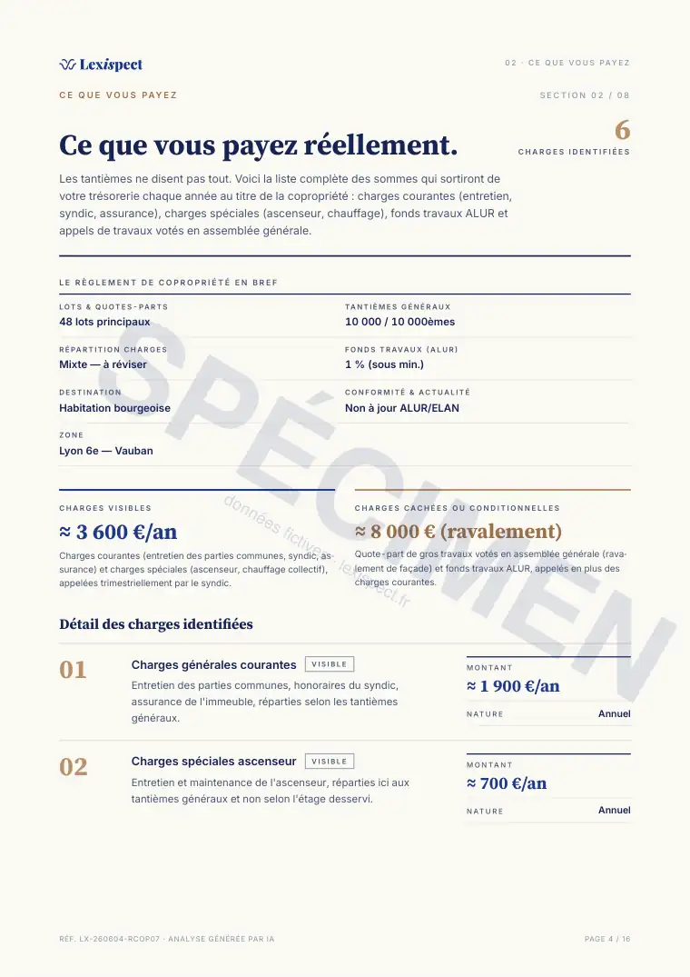 Page 4 du rapport Règlement de copropriété (loi du 10 juillet 1965), spécimen