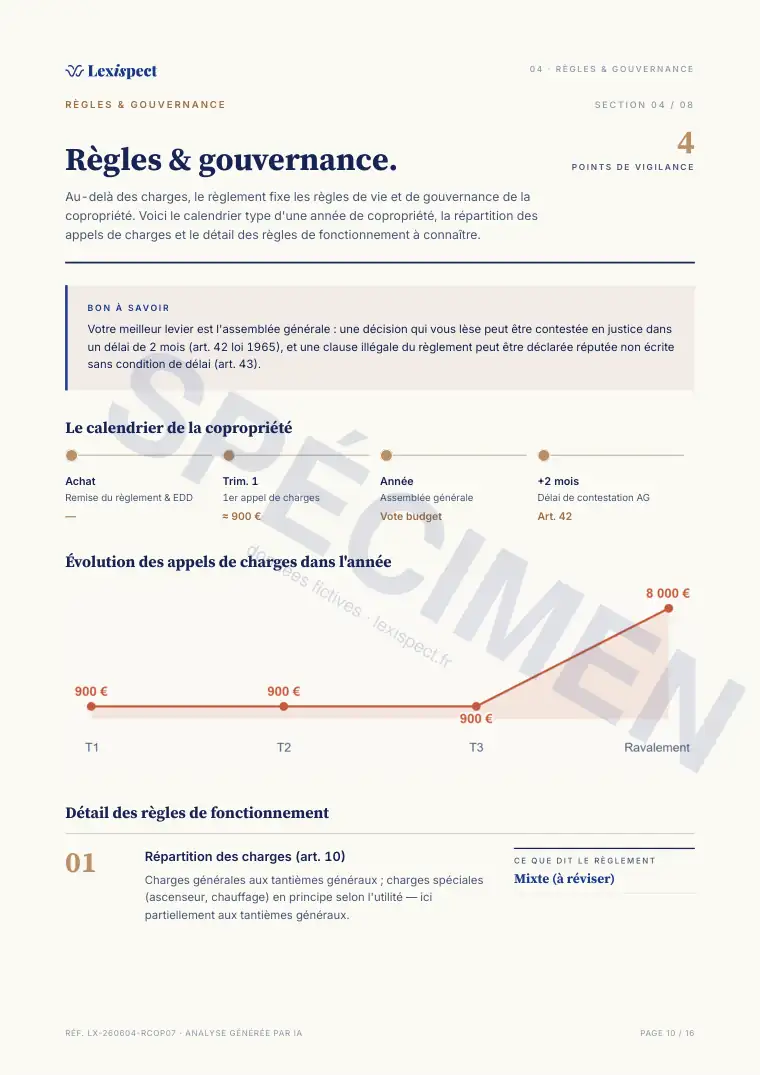 Page 10 du rapport Règlement de copropriété (loi du 10 juillet 1965), spécimen