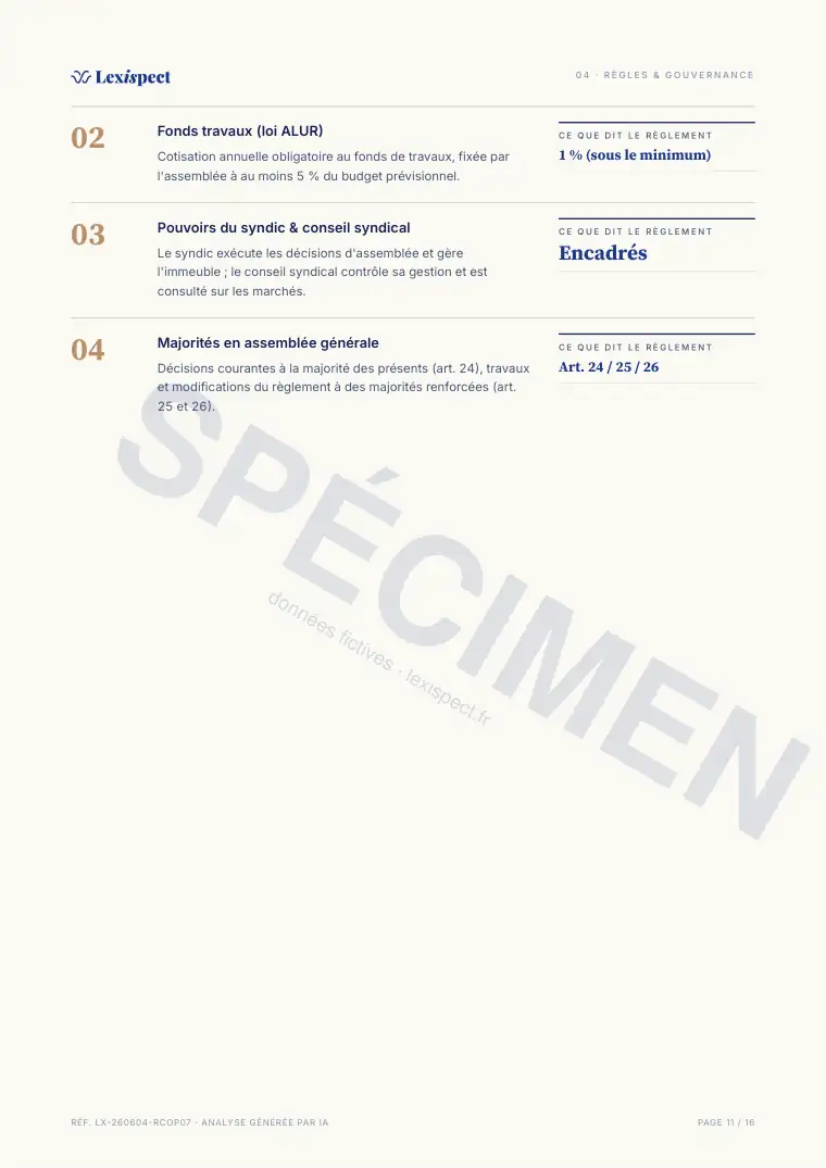 Page 11 du rapport Règlement de copropriété (loi du 10 juillet 1965), spécimen