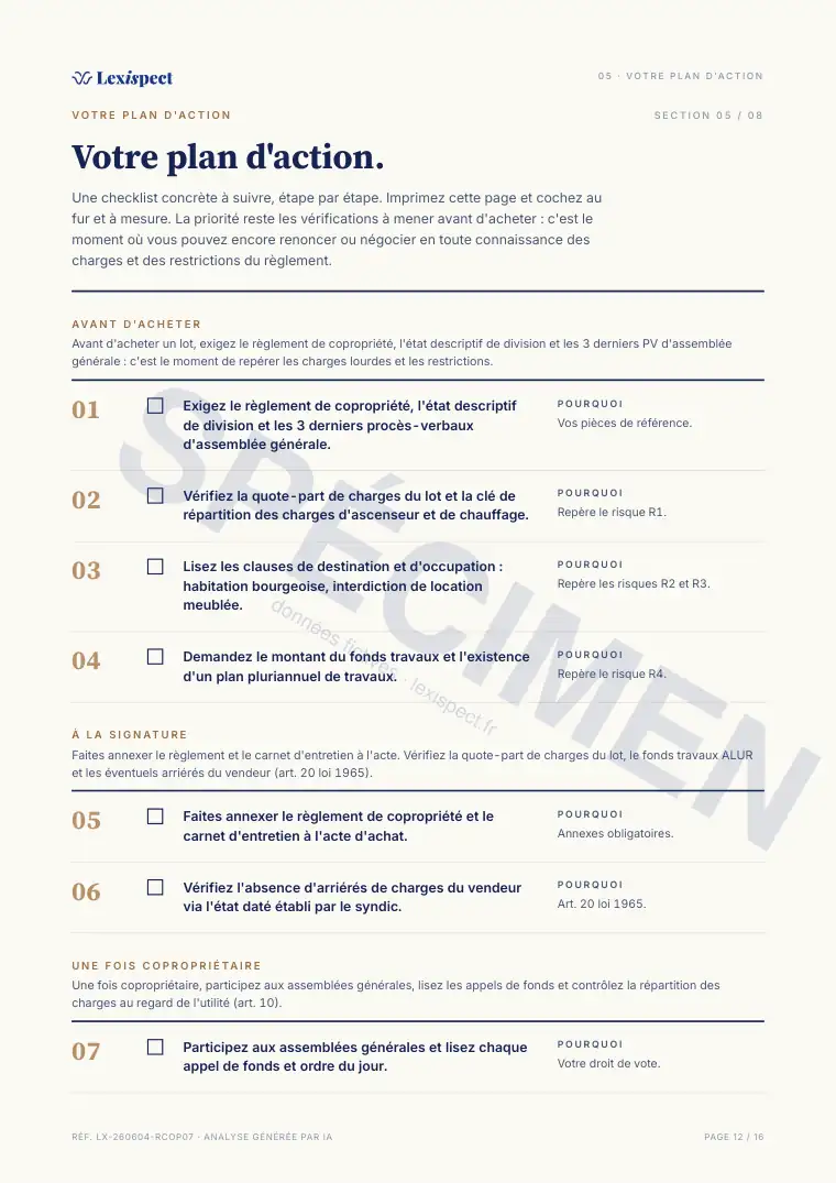 Page 12 du rapport Règlement de copropriété (loi du 10 juillet 1965), spécimen