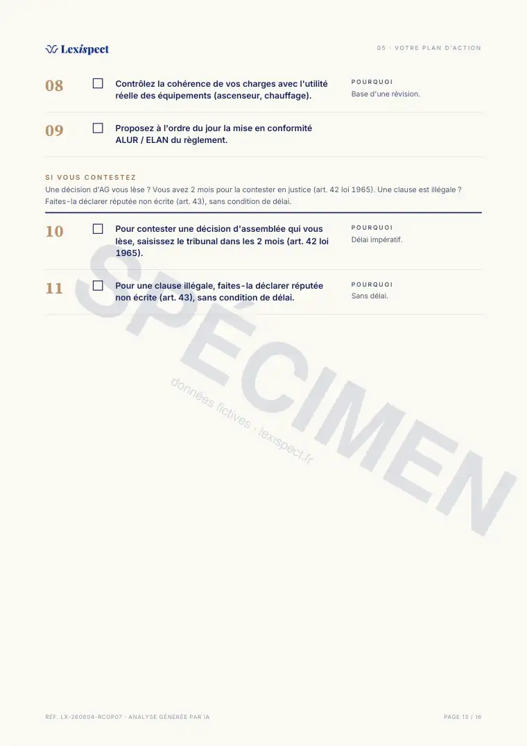 Page 13 du rapport Règlement de copropriété (loi du 10 juillet 1965), spécimen