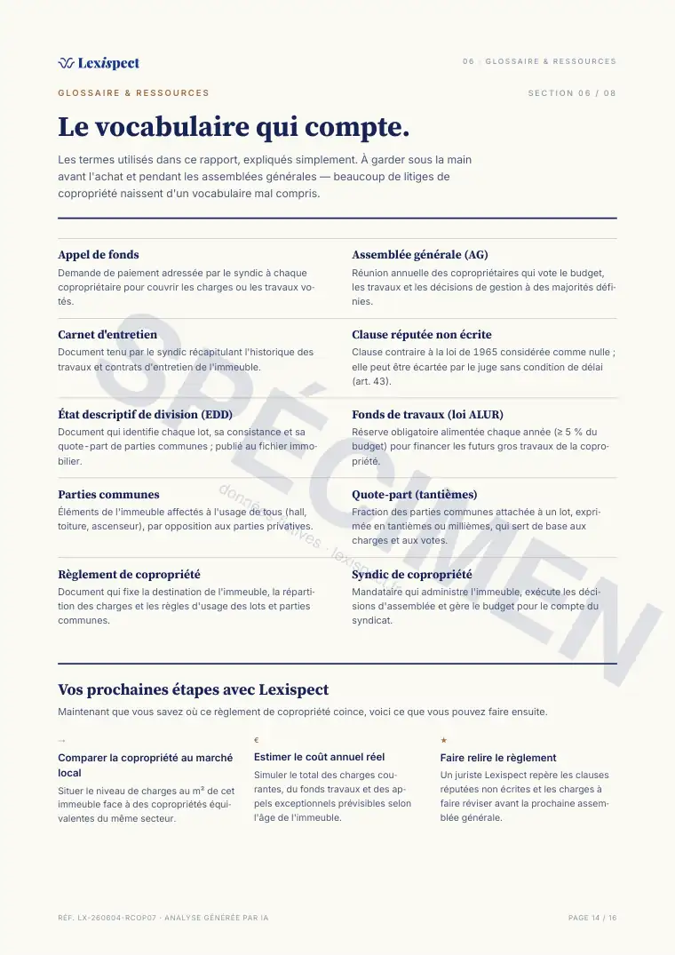Page 14 du rapport Règlement de copropriété (loi du 10 juillet 1965), spécimen