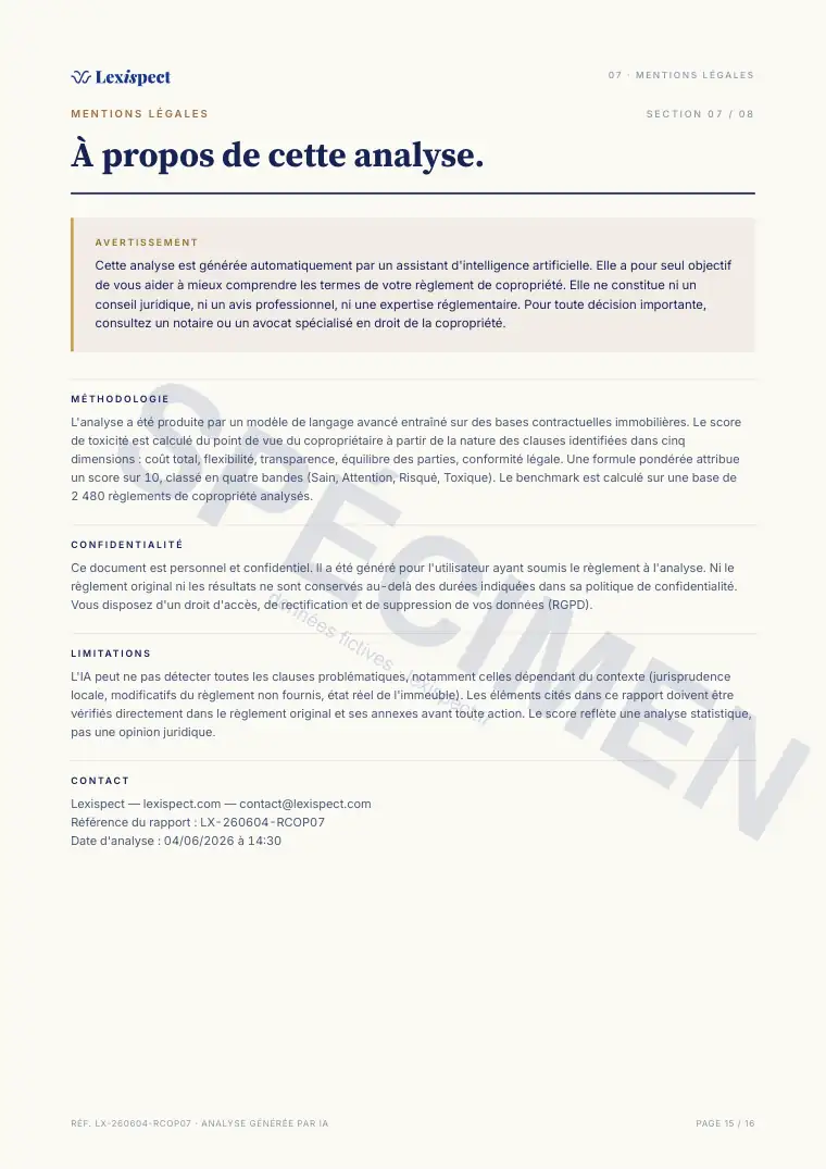 Page 15 du rapport Règlement de copropriété (loi du 10 juillet 1965), spécimen