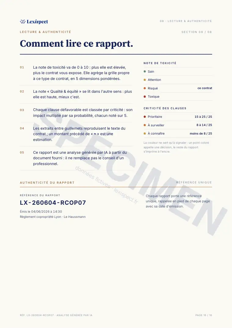 Page 16 du rapport Règlement de copropriété (loi du 10 juillet 1965), spécimen