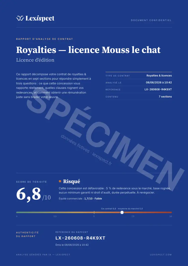 Page 1 du rapport Royalties & licences (concession de droits), spécimen