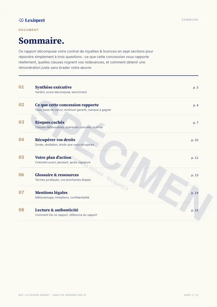 Page 2 du rapport Royalties & licences (concession de droits), spécimen
